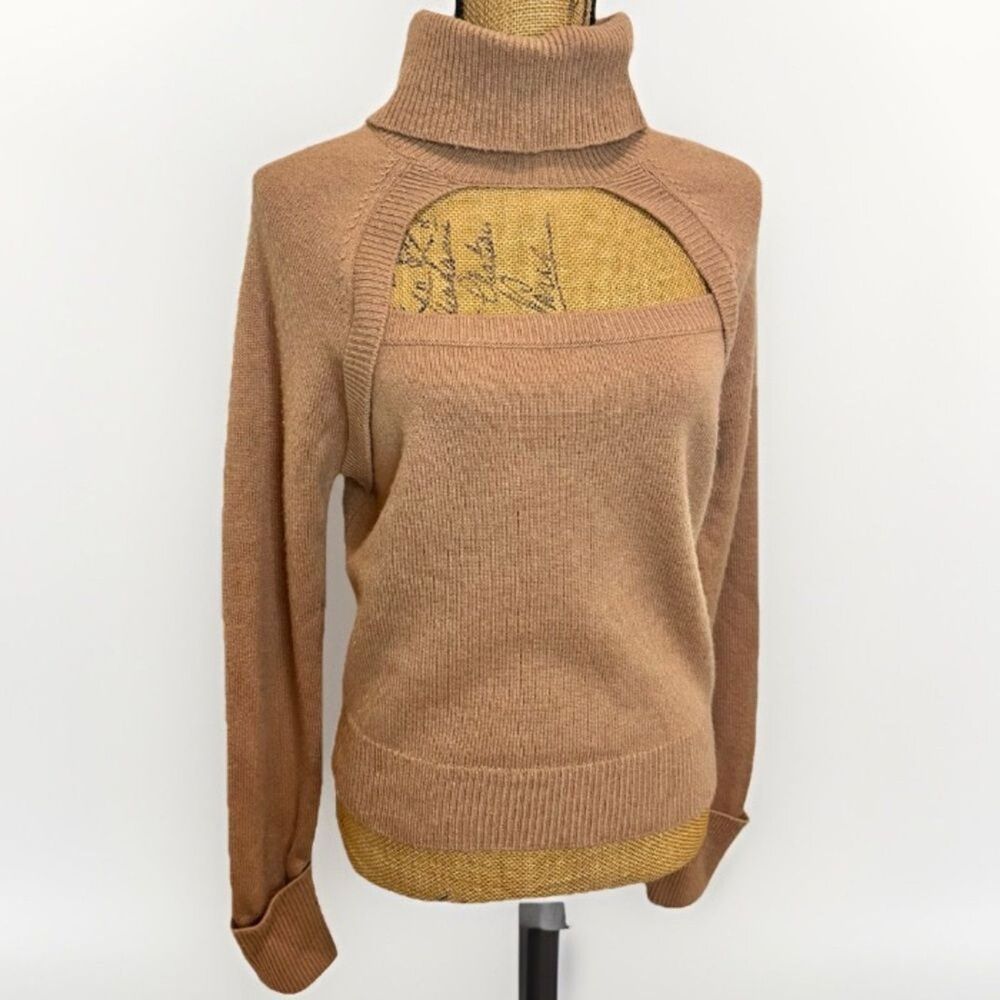 PAIGE Wool Blend Cutout Knit Turtleneck Sweater Tan NWT Size Medium